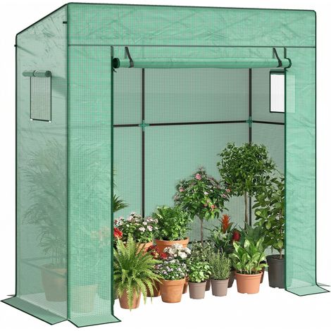 An Die Wand Angelehntes Garten-gewächshaus Mit 1 Rolltür, Verstärkter Pe-plane, 2 Fenstern, Maße: 196l X 77b X 197/178h Cm