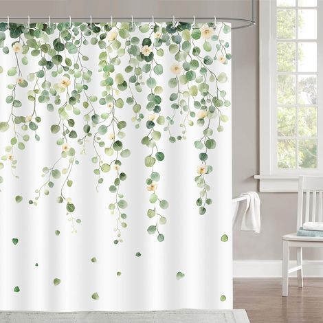 Duschvorhang Mit Grünen Eukalyptusblättern 180x180 Cm, Duschvorhang Aus Wasserdichtem, Schimmelresistentem Und Waschbarem Polyesterstoff Für Badewanne Und Dusche, Inklusive 12 Haken