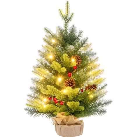 60 Cm Großer Tisch-weihnachtsbaum Mit 20 Led-lichtern, 141 Zweigen, 5 Tannenzapfen, 5 Roten Beerenbüscheln Und Einem Grünen Metallständer