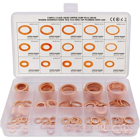 150 Stück Kupferdichtungsringe Sortiment Kit M5, M6, M8, M10, M12, M14, M16, M18, M20, M22, 15 Größen, Flachdichtungen Für Schraubenabdichtung
