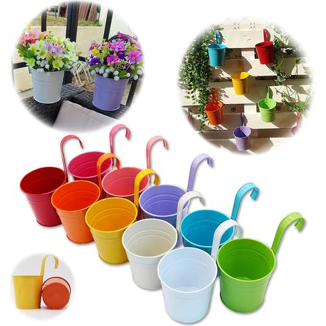 Set Aus 10 Metall-blumentöpfen, Hängende Vase, Pflanzkorb Ohne Drainageloch, Abnehmbarer Haken, Gartendekoration Für Zaun Und Balkon
