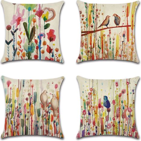 Kissenbezüge 45 X 45 Cm, 4er-set Leinen-kissenbezüge, Dekoration Mit Blumen Und Lebensbaum-motiv Für Sofa, Garten, Bett, Couch Und Auto (45 X 45 Cm)