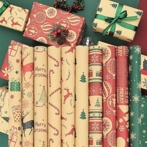 10 Blatt Weihnachtsgeschenkpapier, 70 Cm X 50 Cm Recycling-kraft Geschenkpapier Mit Weihnachtsmotiv Wie Zuckerstange, Schneeflocke Und Elch Zum Einpacken Von Weihnachtsgeschenken (10 Farben)