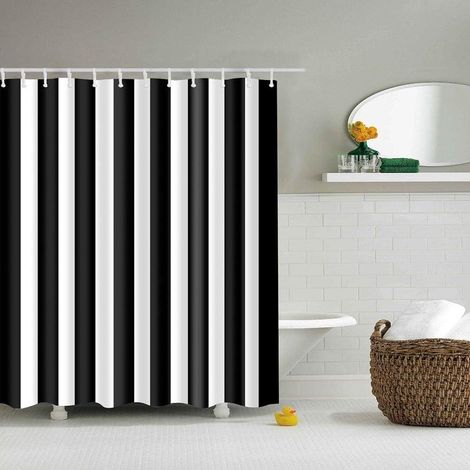 Schwarze Und Weiße Vertikal Gestreifte Duschvorhänge Mit Digitaldruck Zur Badezimmerdekoration, Wasserdichtes Polyestergewebe Mit 12 Haken, 180 X 180 Cm, Mehrfarbig