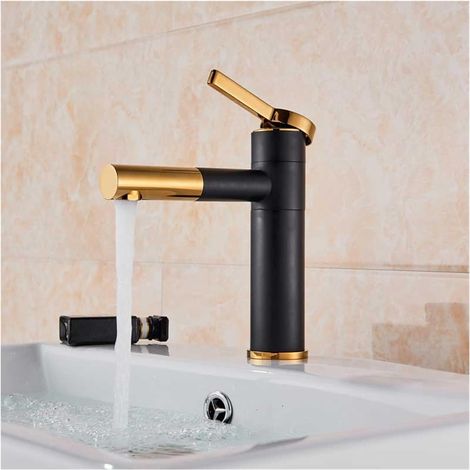 Einfacher Und Zeitgenössischer Schwarzer Zylindrischer Waschbecken-wasserhahn Für Das Badezimmer, Waschtischmischer - Schwarz-gold, 20 Cm