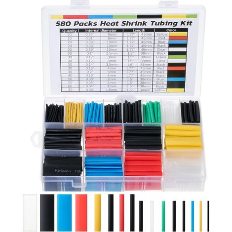 580 Stück Schrumpfschlauch-set, 2:1 Schrumpfverhältnis, Kabelisolierschlauch-kit (6 Farben, 11 Größen)