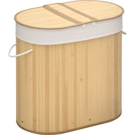 Bambus-wäschekorb, 100 L, 2 Fächer, Herausnehmbarer Und Waschbarer Innenbeutel, 62,5 X 37 X 60,5 Cm, Natur