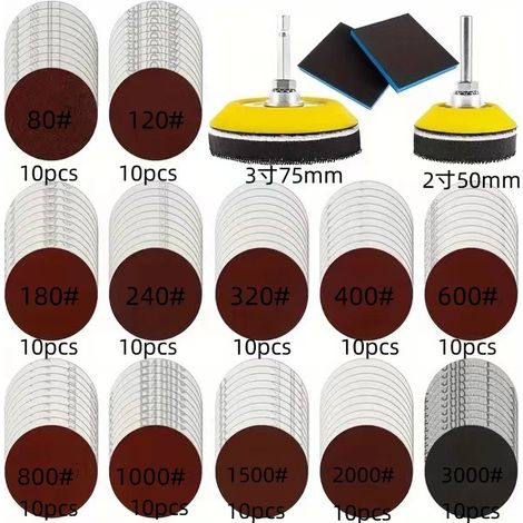 120 Stück Schleifscheiben, 50mm Und 75mm Pads Mit Klettverschluss, Körnungen 80 120 180 240 320 480 600 800 1000 1200 1500 3000 Für Auto, Metall Und Holz