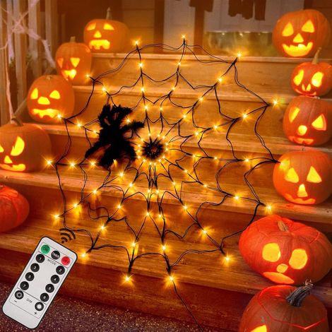 Halloween-dekoration Spinnennetz - 1,2 M Durchmesser, 70 Leds Mit Schwarzer Spinne, Wasserdichtes Lichternetz, Orange