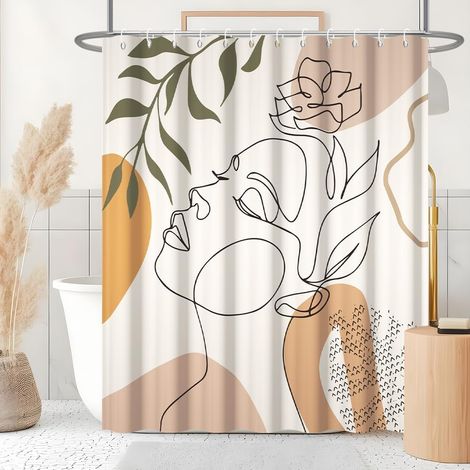 Schimmelresistenter Duschvorhang, Orange Duschvorhang 180x200cm, Waschbarer Boho-stoff-badewannenvorhang Mit Abstraktem Gesicht Und Grünen Blättern, Wasserdichter Badezimmer-vorhang Mit 12 Haken