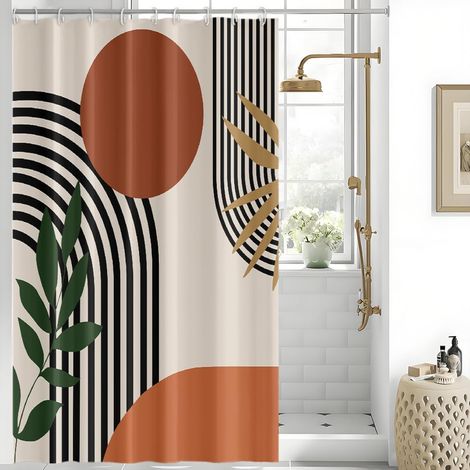 Duschvorhang Anti-schimmel, Terrakotta Duschvorhang 150x180cm Waschbarer Stoff Orange Boheme Abstrakter Badewannenvorhang Wasserdicht Polyester Badezimmer Vorhänge Mit 10 Haken