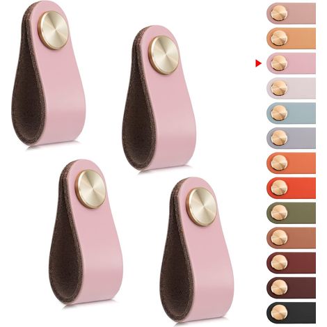 Set Aus 4 Schrankgriffen Aus Messing Und Rosa Leder, Länge 65 Mm, Mit Schrauben, Geeignet Für Schränke Und Küchen