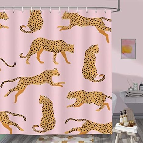 Duschvorhang Leopard Rosa Tropisch Tier Duschvorhang Stoff Polyester Schimmelresistent Wasserdicht Waschbar Badezimmer Vorhänge 180 X 180 Cm Mit 12 Haken