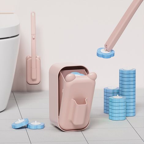 Einweg-toilettenbürste Aus Rosa Kunststoff, Länge 40 Cm, Toilettenreinigungsutensilien Mit Halterung Und 6 Ersatzbürstenköpfen, 1