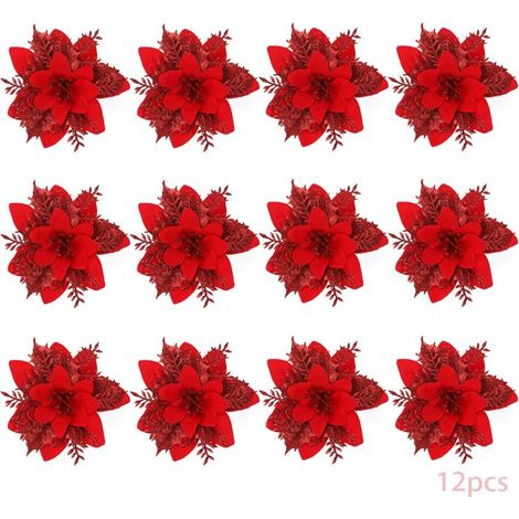 Weihnachtsblumen, 12 Glitzernde Weihnachtsblumen, Hohle Glitzernde Weihnachtsblume, Künstliche Poinsettien-weihnachtsbaumblumen-dekoration, Ornament, Weihnachtsdekoration (rot-b)