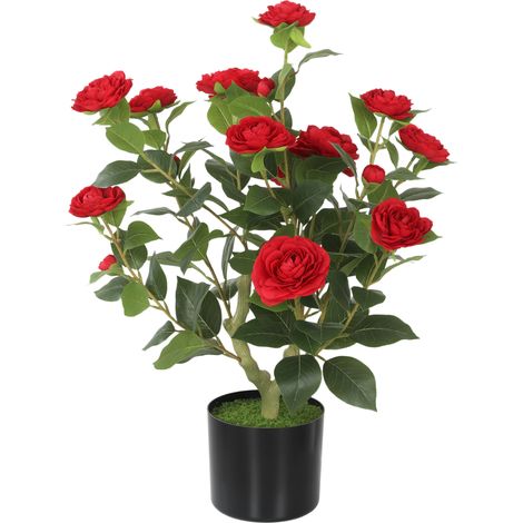 Künstliche Kamelie, 65 Cm, Im Topf, Mit Realistischen Seidenblumen Und 116 Blättern Mit Rotem Mooseffekt.
