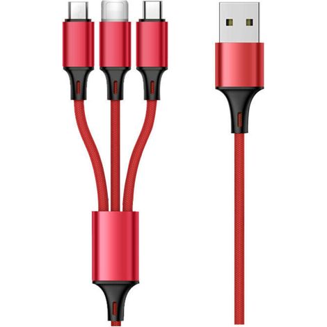 Mehrfach-usb-kabel, 3-in-1-multi-ladekabel Aus Geflochtenem Nylon, Schnellladung - 1,2 M, Rot