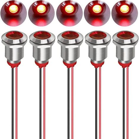 5 Stück 12mm 12/24vdc Led Metallanzeige - Wasserdichte Signallampe Pilotleuchte Armaturenbrett Richtungsanzeige Mit Kabel (rot)