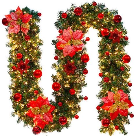 Weihnachtsgirlande Mit Led-lichterkette, 270 Cm, Künstliche Weihnachtsgirlande, Weihnachtsdekoration Für Innen Und Außen (rot)