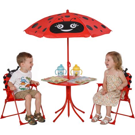 4-teiliges Gartenmöbelset Für Kinder Mit 2 Klappstühlen, Einem Sonnenschirm Und Einem Runden Tisch, Aus Stahl Und Oxford-gewebe, Rot.
