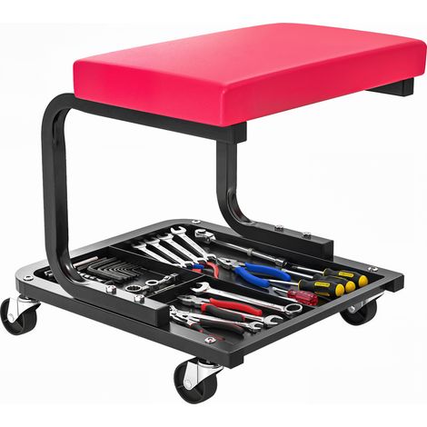 Mechanikerhocker, Mobiler Werkstatthocker Mit 135 Kg Tragfähigkeit, Werkzeugablage Und Rollen Inklusive, 36,5 X 33,5 X 35 Cm, Rot