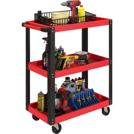 Werkstattwagen Mit 3 Ebenen, Seitlichem Griff Und Feststellbaren Rollen, 70,5x35x82,5cm, Rot