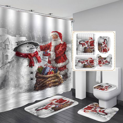 Fröhliche Weihnachten 4-teiliges Badezimmer-vorhang-set Weihnachtsmann Wasserdichter Duschvorhang Toilettenabdeckung Rutschfeste Matte Dekorativer Teppich Für Zu Hause