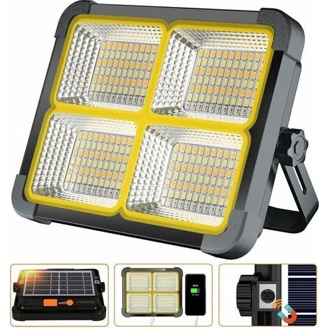 Wiederaufladbare Led-projektorlampe 336 Leds/ 100w/ Solarpanel/ 4 Lichtmodi/ Externe Batterie 12000mah/ Magnetische Befestigung, Ideal Für Camping, Arbeit, Angeln, Farbe Schwarz [energieklasse