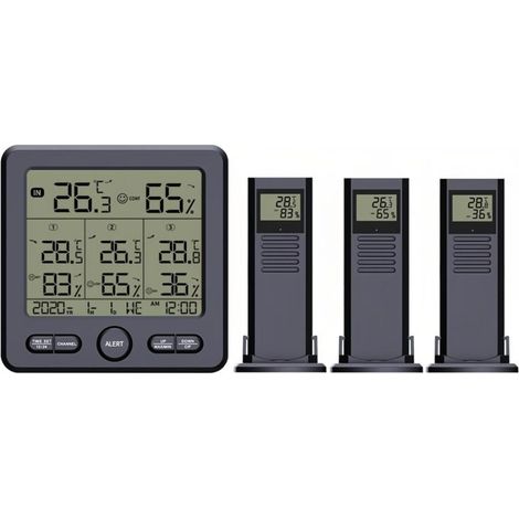 Digitales Thermometer Hygrometer Mit 3 Drahtlosen Sensoren, Lcd-hintergrundbeleuchtung, Temperatur- Und Feuchtigkeits-wetterstation, Uhr, Datum, Wochentag, Alarm Und Überschreitungswarnung Für Innen-