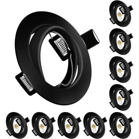 Einbauspots Mr16 Set, 10 Stück Montage Rahmen In Metallischem Schwarz Mit Keramikfassung Mr16 Für Lampen, Rund, Ø 75 Mm, Um 35° Schwenkbar, Für Led- Oder Halogenlampen