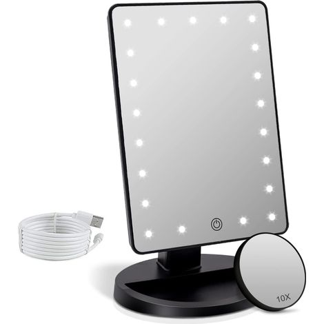 Make-up-spiegel Mit Led-beleuchtung, 1x/10x Vergrößerung, Beleuchteter Tischschminkspiegel, 180° Drehbar, Dimmbare Helligkeit, Tragbarer Kosmetikspiegel (schwarz)