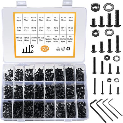 Kit 1225 Stück M2 M3 M4 M5 Aus Kohlenstoffstahl Sechskant-innensechskant-kabelschrauben Mit Muttern Sortiment (schwarz)