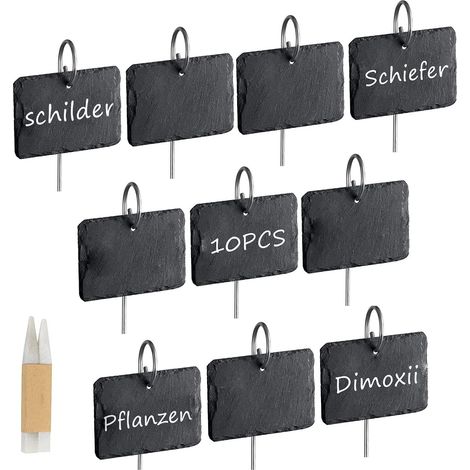 Set Aus 10 Wiederverwendbaren Schiefertafel-etiketten Mit Edelstahlstiel Zur Kennzeichnung Von Pflanzen, Kräutern Und Gemüse (rechteckig)