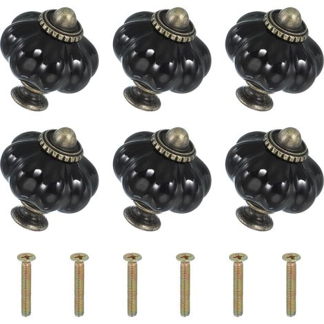 Sechs Schwarze Keramikknöpfe, Jeweils 3,3 X 3,3 X 3,8 Cm, Mit Schrauben. Kürbisförmige Keramikgriffe Und -knöpfe Für Schubladen.