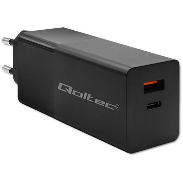 Qoltec GaN POWER PRO Ladegerät 1xUSB-C 1xUSB 100W 5-20V 1,5-5A PD Laptop Smartphone Schwarz