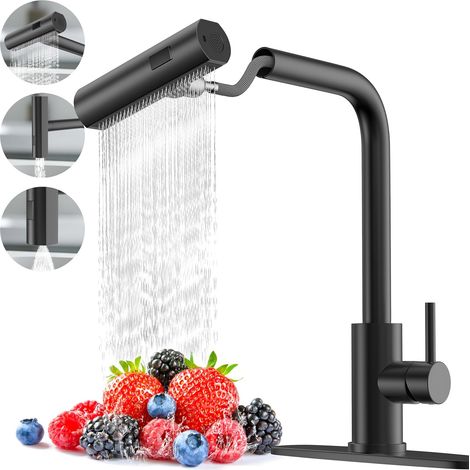 Schwarze, Matte Küchenarmatur Mit Kaskadeneffekt Und Abnehmbarem Sprühkopf, Einlochig, Mit Einhebelgriff, Ausziehbar, Edelstahl-spültischarmatur Für Landhäuser