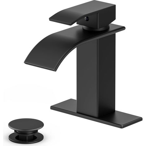 Moderne Matte Schwarze Badezimmerarmatur, Kaskaden-waschbeckenarmatur Mit Einhebelgriff, Geeignet Für 1 Oder 3 Löcher, Inklusive Abdeckplatte Und Schlauch