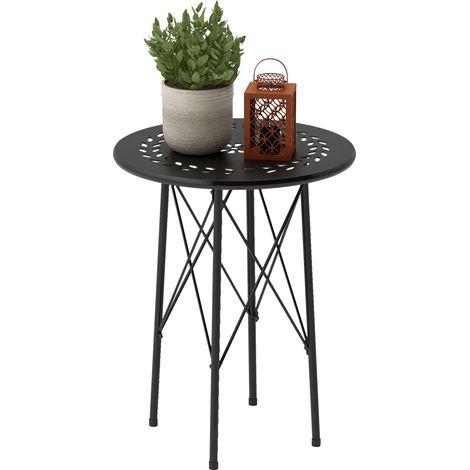 Runder Gartentisch Aus Stahl, Mit Blumen- Und Blattmuster, Verstellbare Füße Und X-struktur, Ø 40 X 50 Cm, Schwarz
