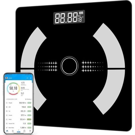 Badezimmerwaage, Personenwaage, Smarte Waage Mit Körperfettanalyse, Impedanzwaage Mit 12 Körperdaten (bmi/körperfett/knochenmasse/bmr/muskelmasse)