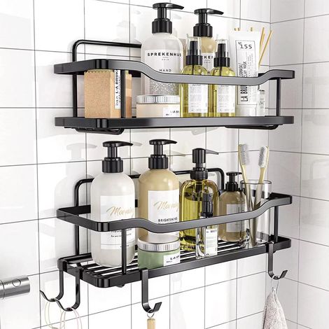 Duschregal, 2er-set Aus Kohlenstoffstahl – Werkzeugfreie Installation – 4 Verstellbare Haken – Rostbeständig