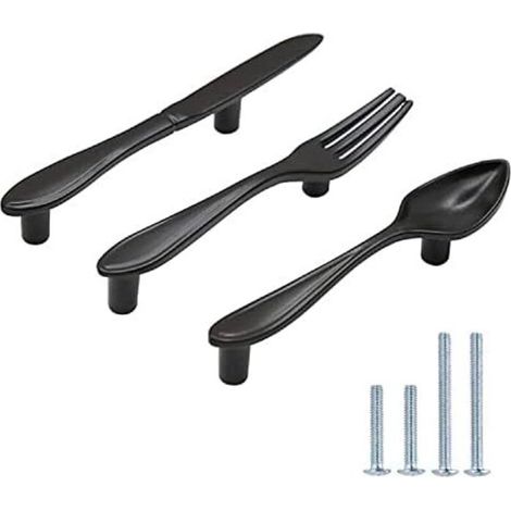3er-set Möbelgriffe In Form Von Löffel, Messer Und Gabel, Zinklegierung, Lochabstand 76 Mm, Matte Schwarze Oberfläche