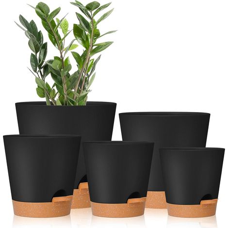 5er-set Schwarze Blumentöpfe Mit Automatischer Bewässerung, Größen 7/6,5/6/5,5/5 Zoll, Mit Drainagelöchern, Kunststoff-blumentöpfe, Pflanzgefäße Geeignet Für Alle Zimmerpflanzen