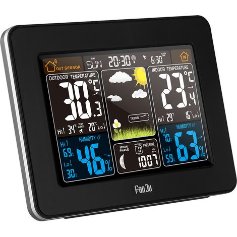 Kabellose Wetterstation, Farbige Digitale Wetteruhr Mit Außensensor, Innen- Und Außenthermometer Mit Datum, Temperatur, Luftfeuchtigkeit, Barometer, Alarm Und Mondphasen