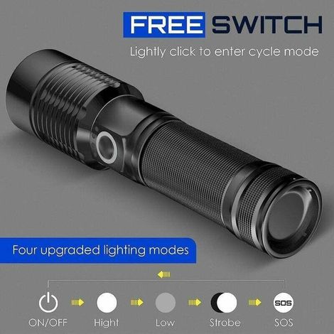 Ultra-starke Led-taschenlampe - Wiederaufladbare 3000-lumen-s6000-taktische Taschenlampe, Usb-wiederaufladbare Led-taschenlampe, 4 Modi, Einstellbare Helligkeit, Zoombar Und Wasserdicht