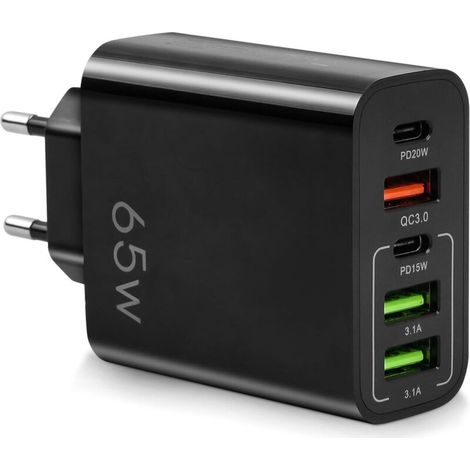 Schnelles 65w Usb-c-ladegerät Mit 5 Anschlüssen: 2x Usb-c Pd 20w, 2x Usb-a, 1x Qc 3.0 – Gleichzeitiges Laden Für Iphone, Macbook, Galaxy (schwarz)