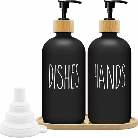 Schwarzer Matt-seifenspender Set 500ml, Glas-seifenspender Mit Tablett, Flüssigseifenspender Für Küche Und Dusche (schwarz X 2)