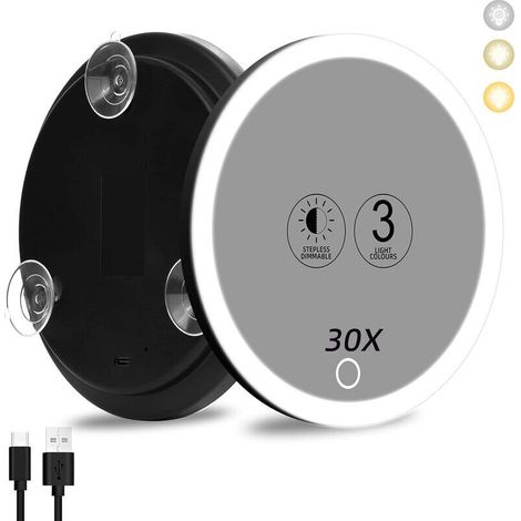 30x Vergrößerungsspiegel Mit Licht, Großer 10 Cm Spiegel, 3 Farbtemperaturen Mit Dimmbarem Licht, 30x Vergrößerung Mit 3 Saugnäpfen
