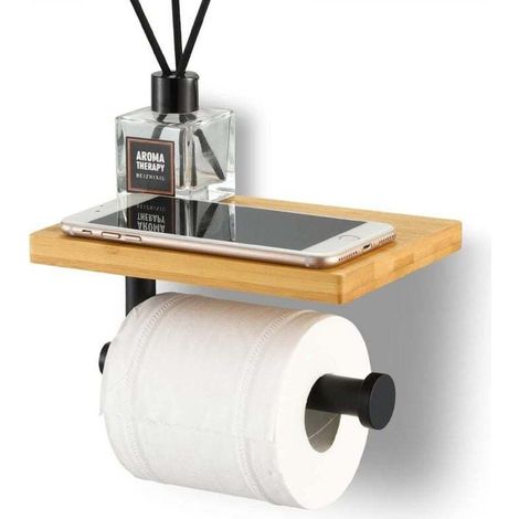 Toilettenpapierhalter Mit Bambusregal, Badezimmer Rollenhalter Aus Edelstahl Sus304, Wandmontage Mit Schrauben Oder 3m-selbstklebeband, Schwarz