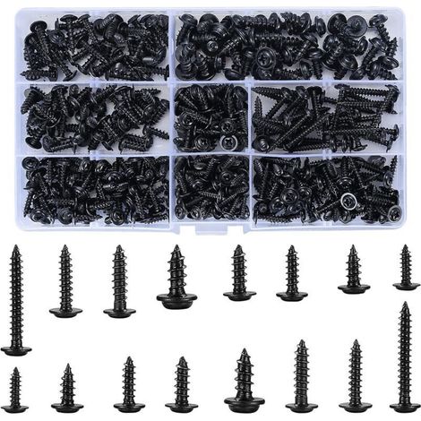 340 Stück Selbstschneidende Schrauben, Selbstbohrende Schrauben Aus Kohlenstoffstahl, Schwarze Holzschrauben, Kit Mit Rundkopfschrauben, Kreuzschlitz-flachkopfschrauben Für Metall Und Weichholz - 8 Sp