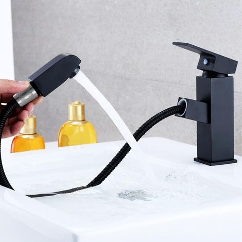 Schwarzer Waschtischmischer Mit Handbrause, Edelstahl, Einhebel Für Warmes Und Kaltes Wasser, Inklusive Schläuchen, Schwarzer Badezimmerwasserhahn